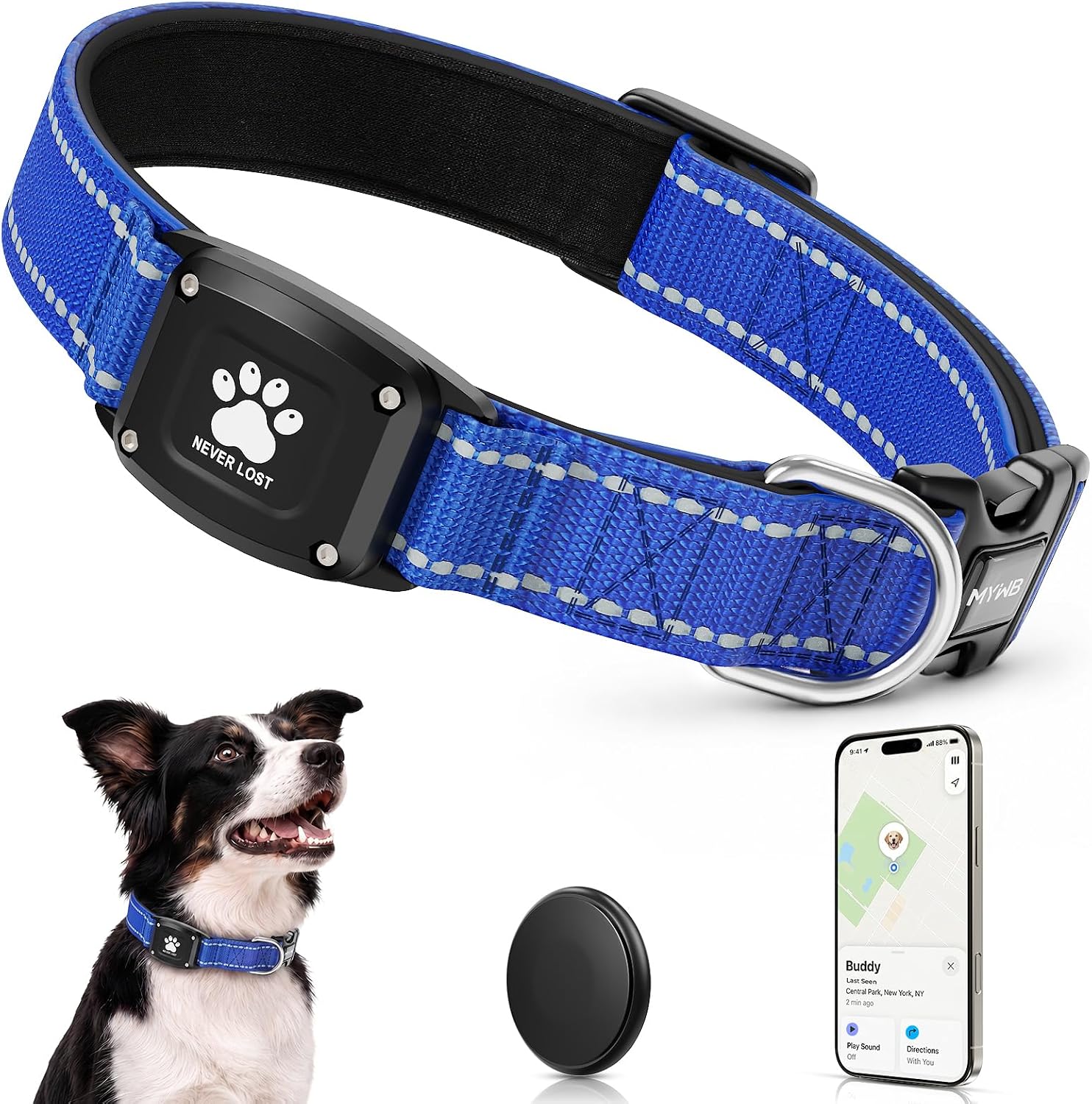 GPS Dog Collar with Tracker, Waterproof, No Monthly Fee, Blue, Large