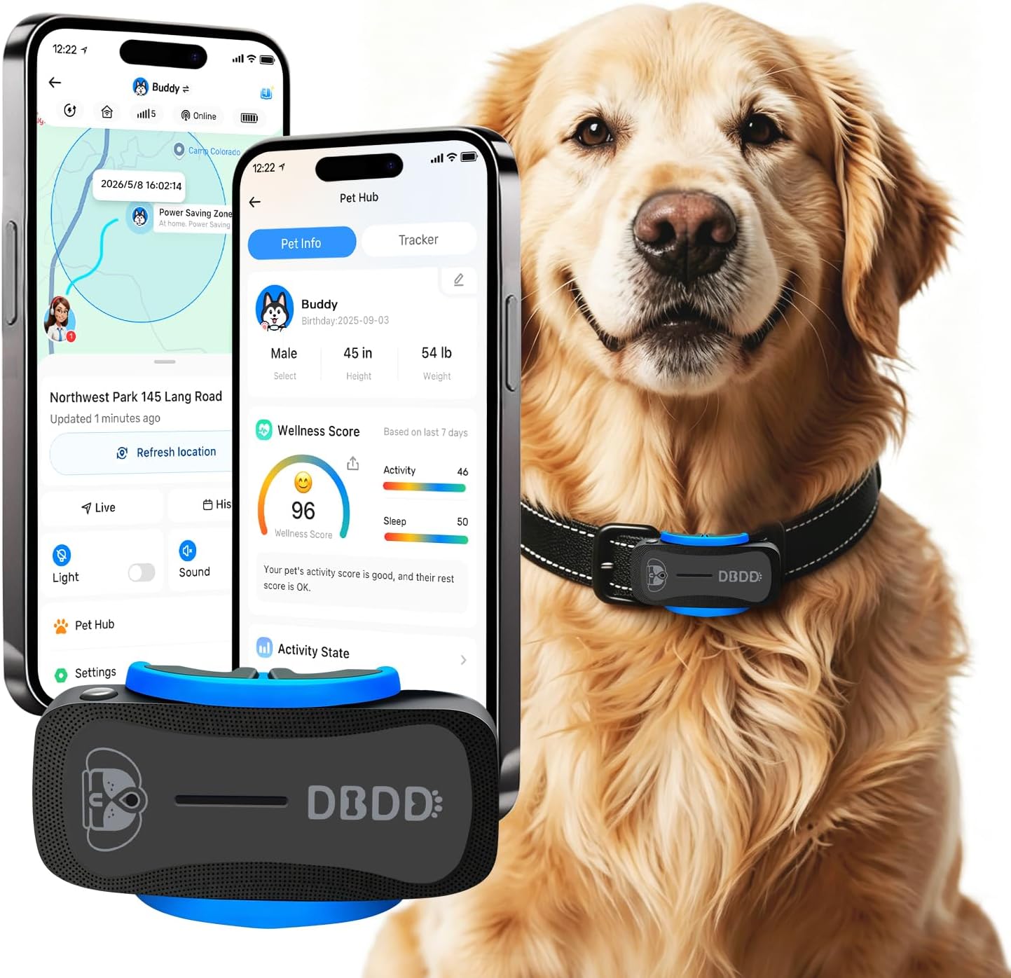 DBDD GPS Dog Tracker with Subscription,Virtual Fence&amp;Health Monitor,IP67,BK